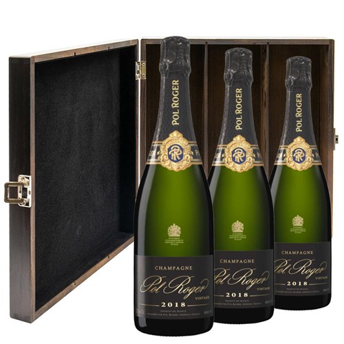 Pol Roger Brut Vintage Champagne 2018 75cl Treble Elm Wood Gift Boxed Champagne (3x75cl)
